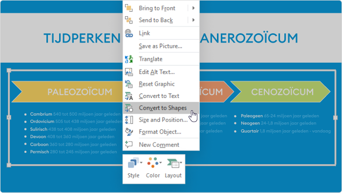 Converteer naar Shapes rechtermuisklik in het menu in PowerPoint 2013